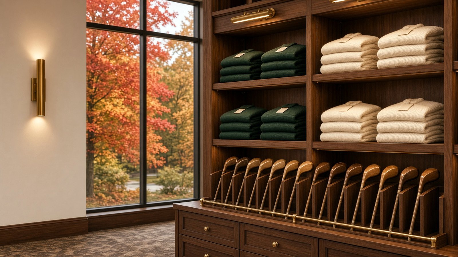 Folded forest-green and cream pullovers on walnut shelves beside a rack of wooden-headed clubs, with fall maples outside a tall window.